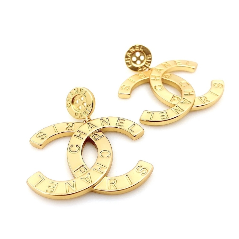 Gold CC Logo Button Drop Earrings